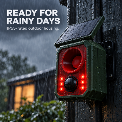 🚨☀️ Solar Outdoor Motion Sensor Alarm – 130dB Dog Barking & Warning Sounds, Red Flashing Lights, Remote Control & Wildlife Deterrent