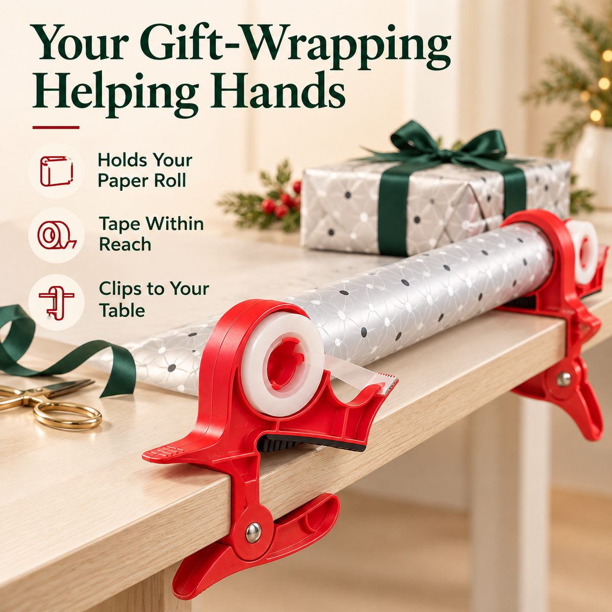 🔥🎄 Christmas Best Seller! 🎁 Gift-Wrapping Made Easy – Hands-Free Wrapping Paper Holder & Tape Dispenser ！！！✨