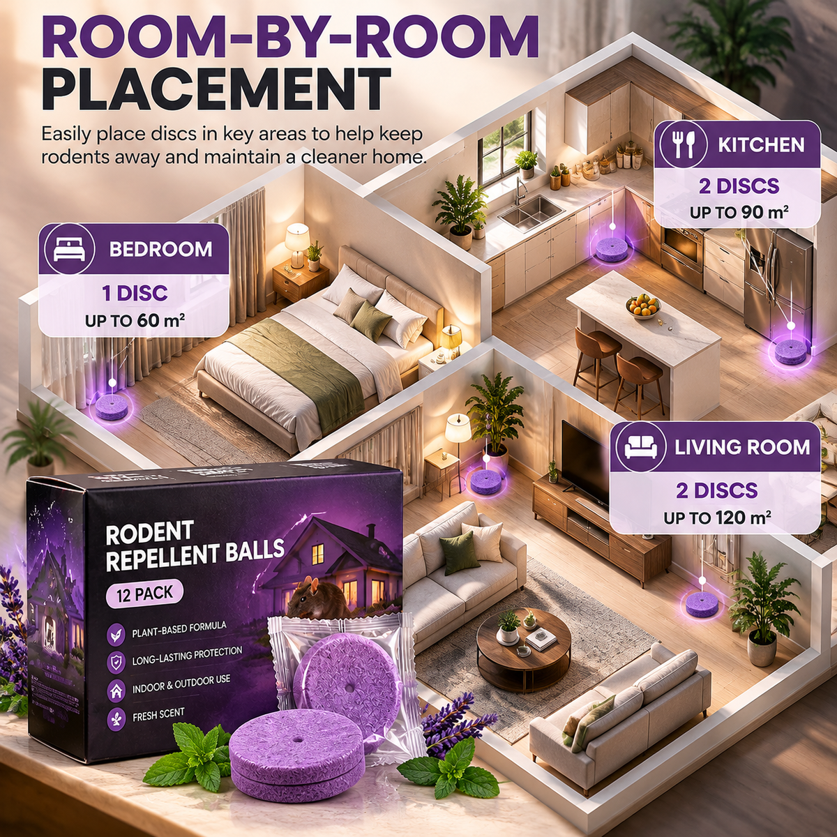 Room-by-room rodent repellent disc placement guide from the original product gallery