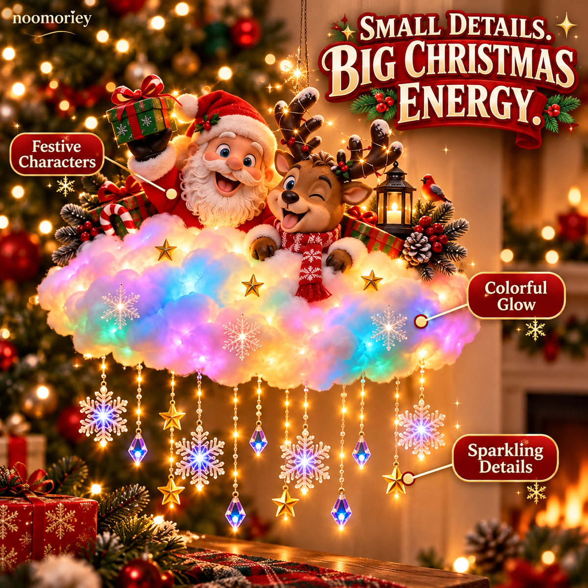 Santa and reindeer colorful light-up Christmas cloud wall decoration