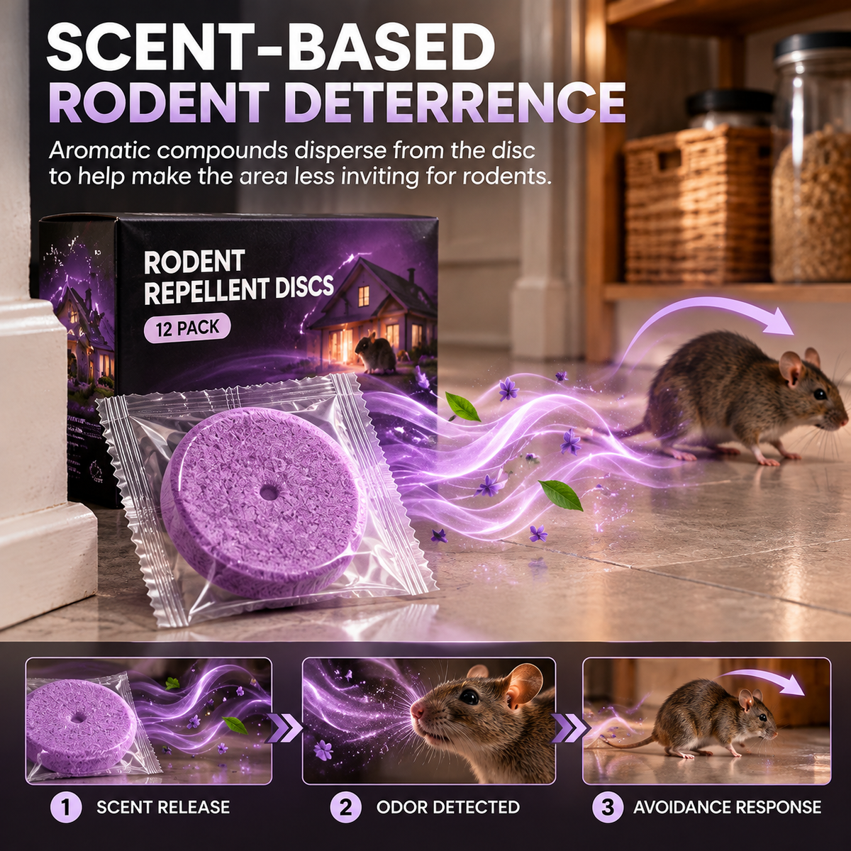Original product graphic illustrating the advertised scent-based rodent deterrence concept