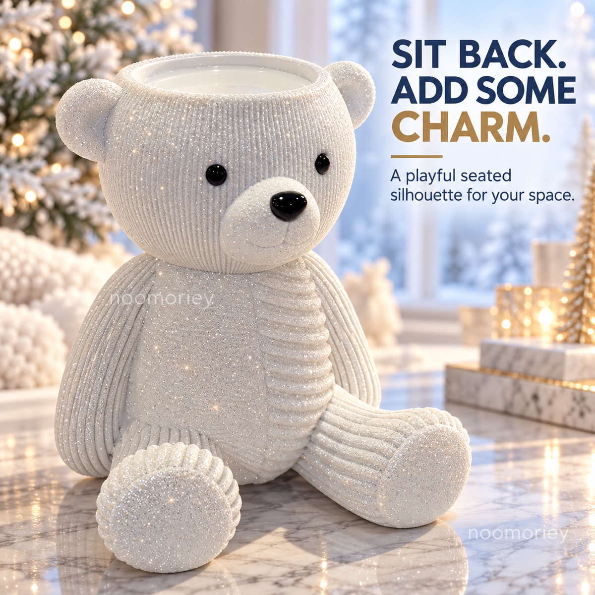 Glittery Teddy Bear Candle Holder, Cute Winter Christmas Decor