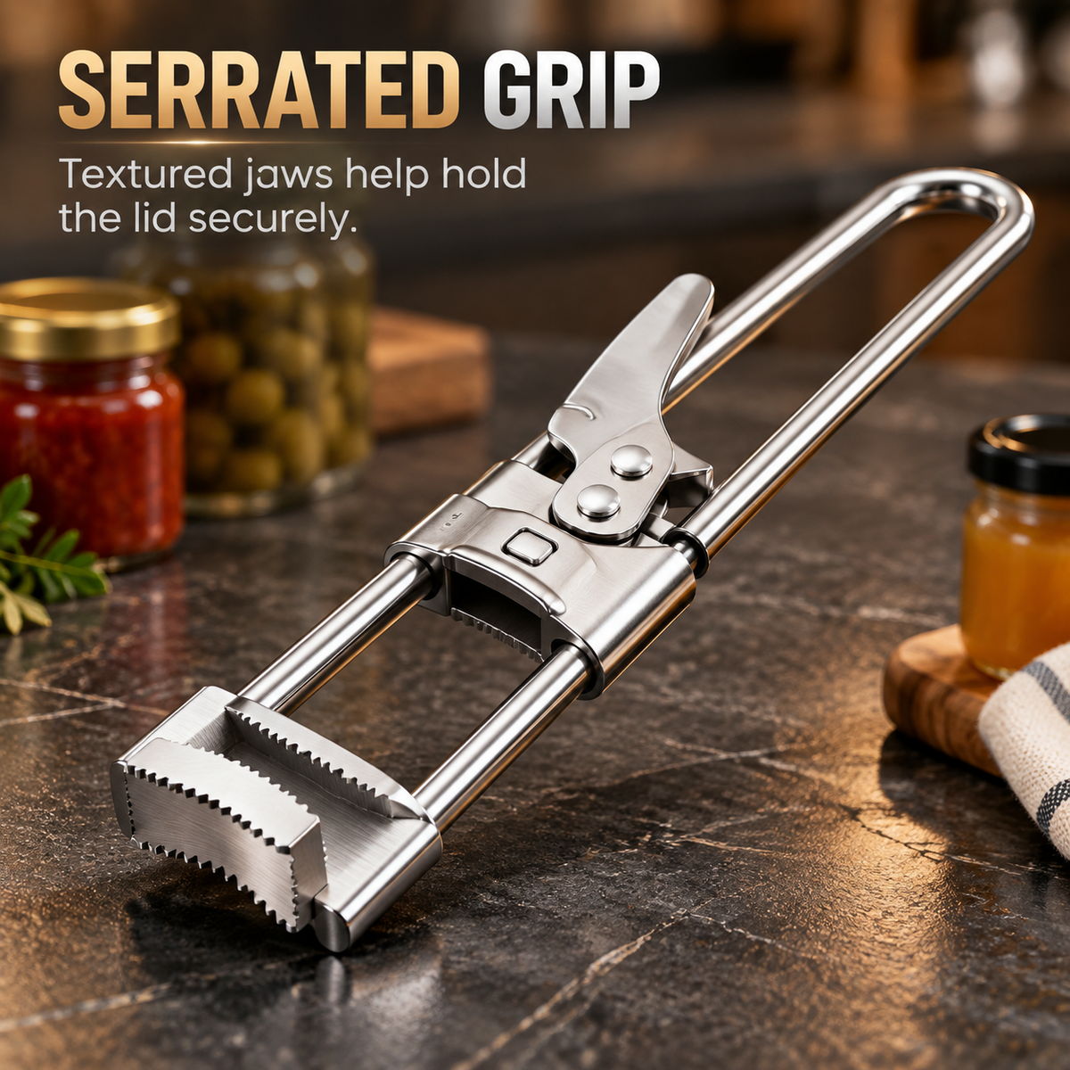 Close-up of the stainless steel opener's serrated gripping jaws, pivot mechanism and extended handle
