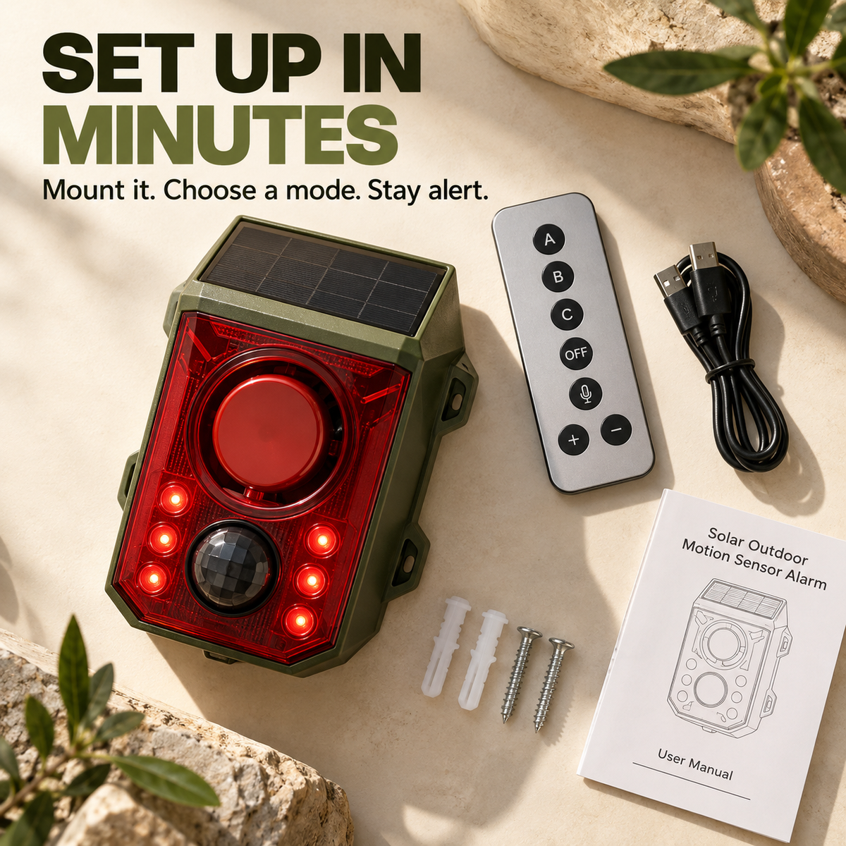 🚨☀️ Solar Outdoor Motion Sensor Alarm – 130dB Dog Barking & Warning Sounds, Red Flashing Lights, Remote Control & Wildlife Deterrent