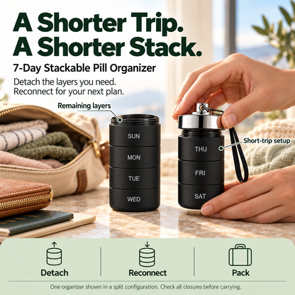 💊 7-Day Stackable Metal Pill Organizer – Detachable Daily Compartments with Screw Closures & Carry Strap