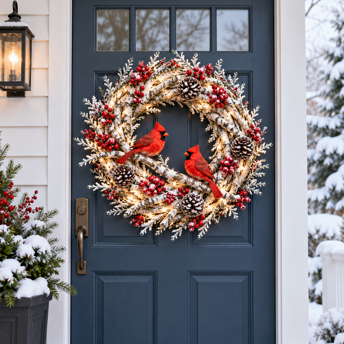🎄 Snowy Birch Cardinal Christmas Wreath – Light-Up Winter Woodland Decor