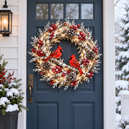 🎄 Snowy Birch Cardinal Christmas Wreath – Light-Up Winter Woodland Decor