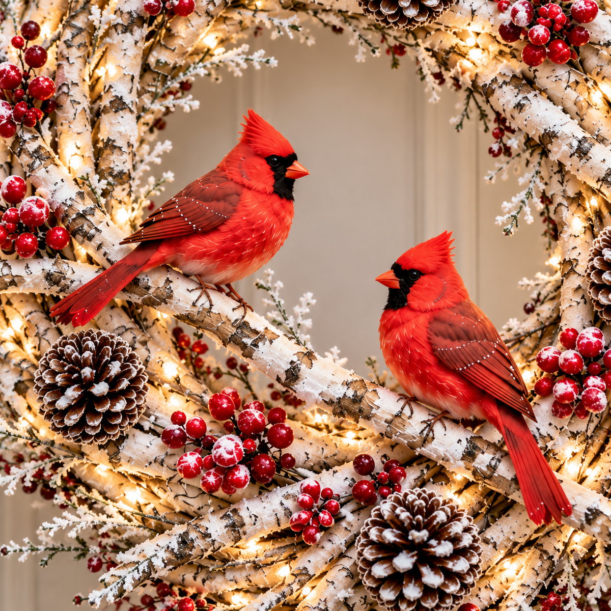 🎄 Snowy Birch Cardinal Christmas Wreath – Light-Up Winter Woodland Decor