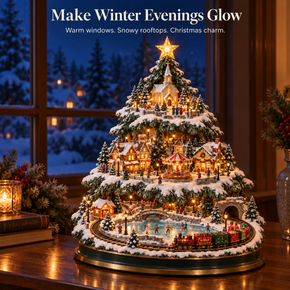 🎄 Lighted Christmas Village Tree – 3-Tier Holiday Village with Train, Carousel & Warm Glow