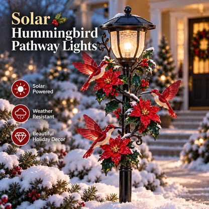 Solar Hummingbird Pathway Light – LED Christmas Garden Stake with Poinsettia Holiday Decor
