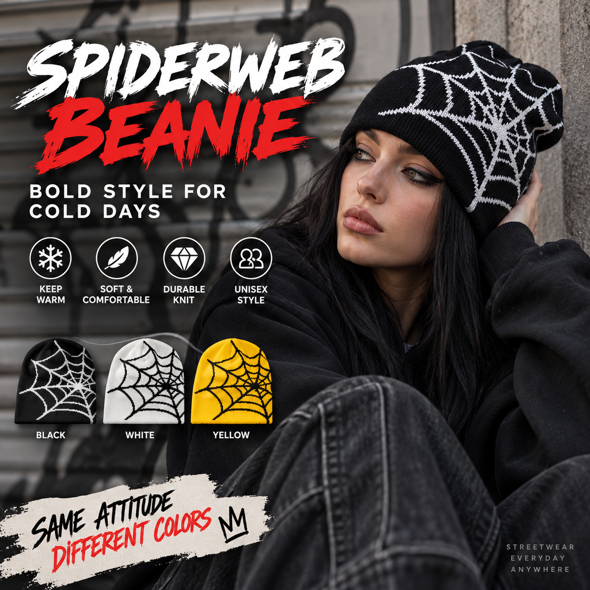 🕸️Oversized Spiderweb Knit Beanie – Bold Contrast Streetwear Winter Hat