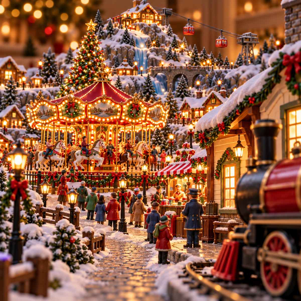 🎄 Christmas Wonder Valley – Lighted Mountain Village with Carousel & Train
