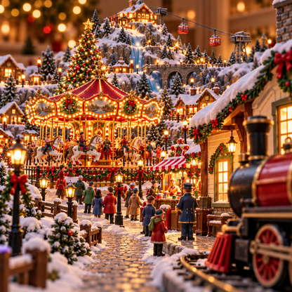 🎄 Christmas Wonder Valley – Lighted Mountain Village with Carousel & Train