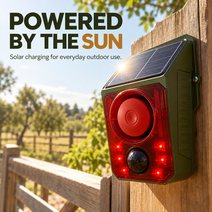 🚨☀️ Solar Outdoor Motion Sensor Alarm – 130dB Dog Barking & Warning Sounds, Red Flashing Lights, Remote Control & Wildlife Deterrent