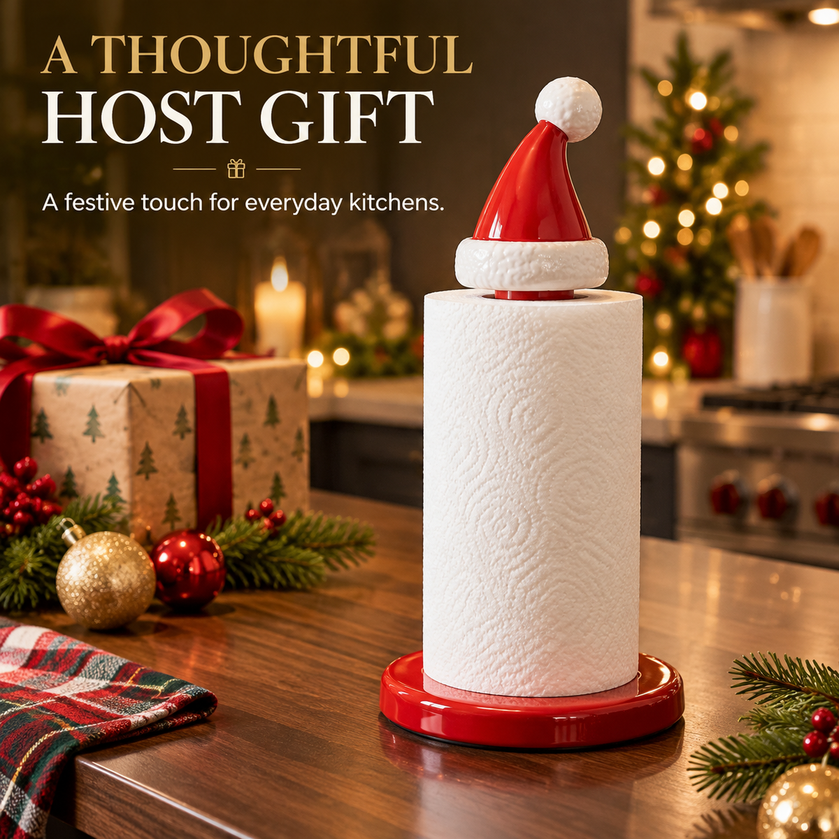 Santa hat paper towel holder styled with Christmas presents, greenery and warm festive lighting