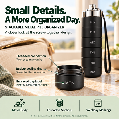 💊 7-Day Stackable Metal Pill Organizer – Detachable Daily Compartments with Screw Closures & Carry Strap