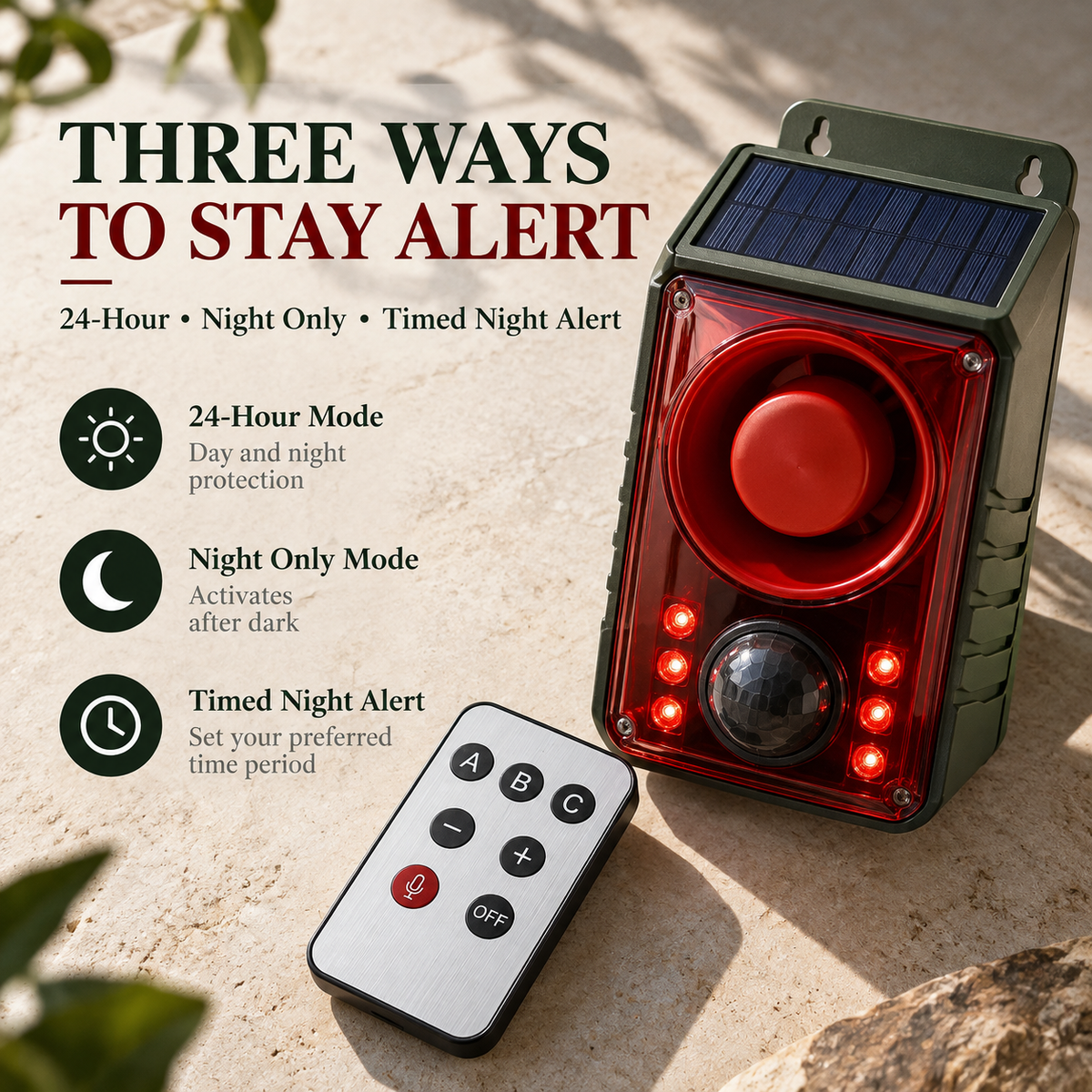 🚨☀️ Solar Outdoor Motion Sensor Alarm – 130dB Dog Barking & Warning Sounds, Red Flashing Lights, Remote Control & Wildlife Deterrent