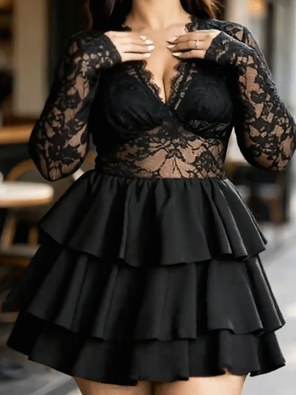 🔥Glam Style Deal 💃Plus Size Lace Panel Deep V-Neck Dress with Sheer Layered Hem for Parties & Nights Out