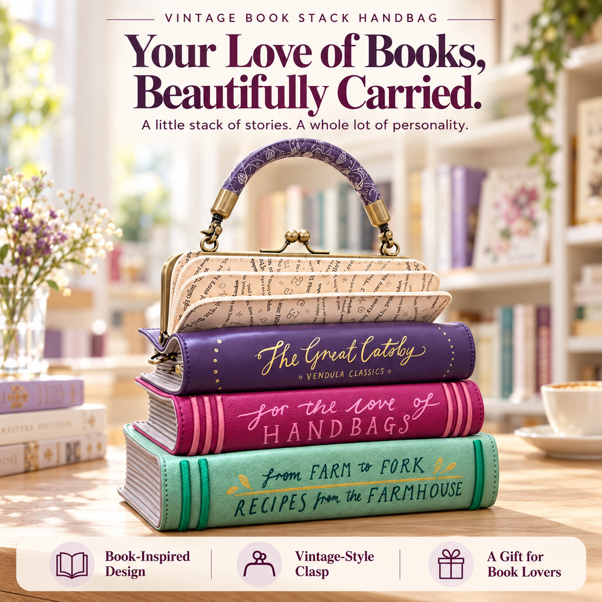 📚 Vintage Book Stack Handbag – A Storybook Statement for Book Lovers