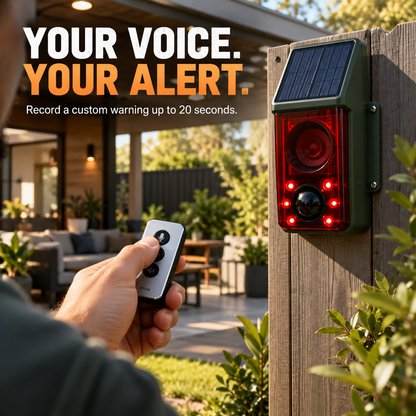 🚨☀️ Solar Outdoor Motion Sensor Alarm – 130dB Dog Barking & Warning Sounds, Red Flashing Lights, Remote Control & Wildlife Deterrent