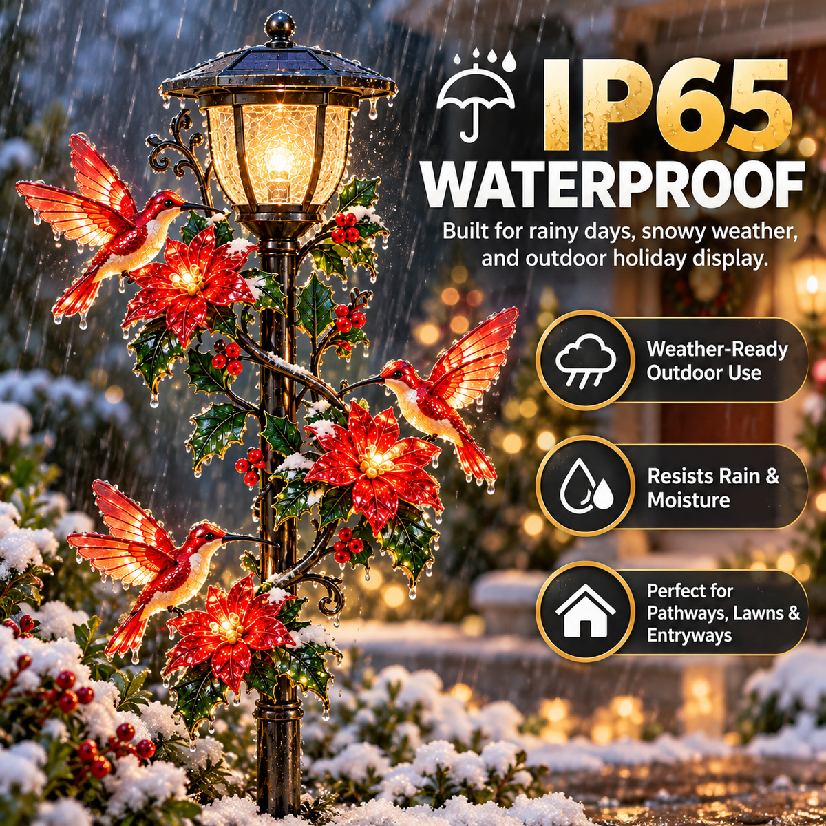 Solar Hummingbird Pathway Light – LED Christmas Garden Stake with Poinsettia Holiday Decor