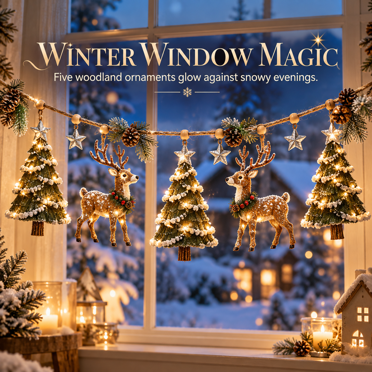 🎄✨ Enchanted Lighted Woodland Christmas Garland – Glowing Evergreen Trees, Woodland Deer & Rustic Star Décor 🦌