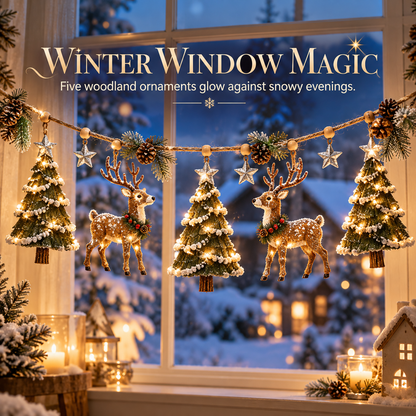 🎄✨ Enchanted Lighted Woodland Christmas Garland – Glowing Evergreen Trees, Woodland Deer & Rustic Star Décor 🦌