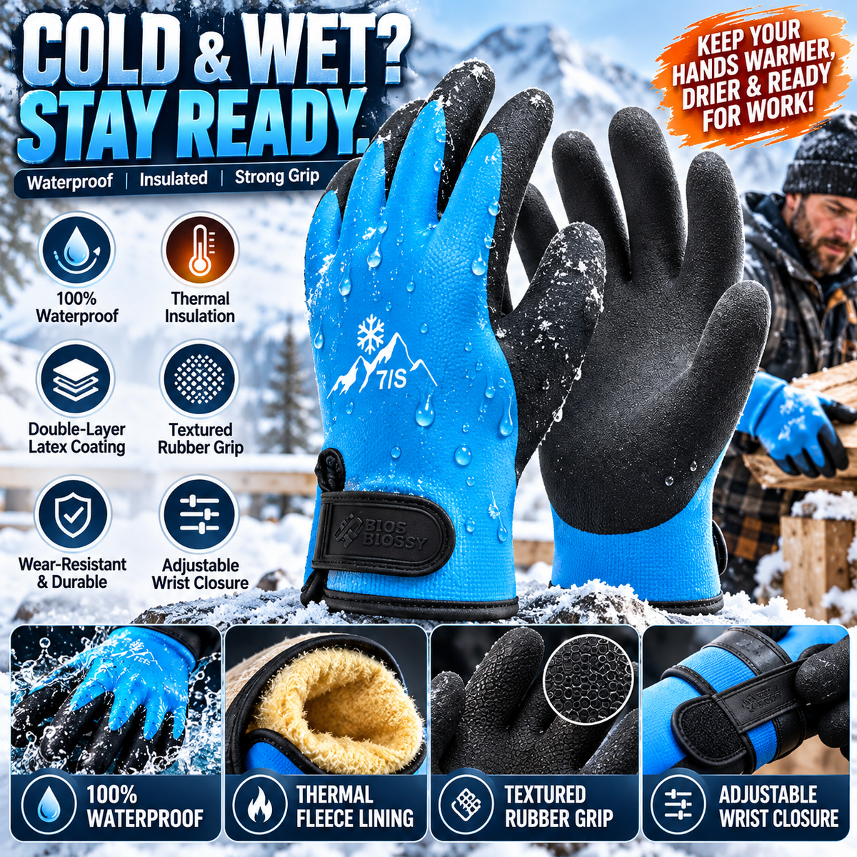 🧤 Waterproof Insulated Winter Work Gloves – Heavy-Duty Grip