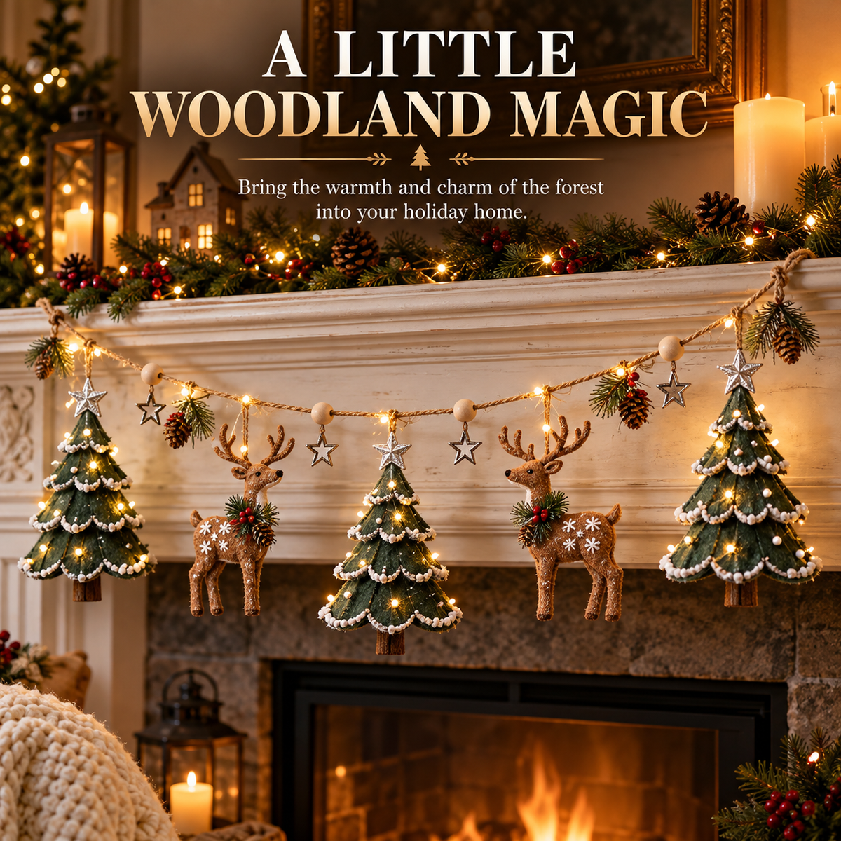 🎄✨ Enchanted Lighted Woodland Christmas Garland – Glowing Evergreen Trees, Woodland Deer & Rustic Star Décor 🦌