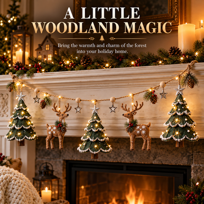 🎄✨ Enchanted Lighted Woodland Christmas Garland – Glowing Evergreen Trees, Woodland Deer & Rustic Star Décor 🦌