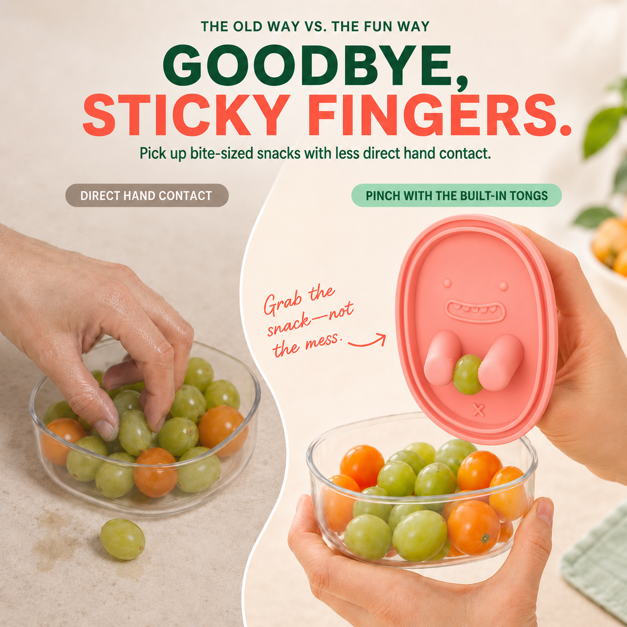 🍇Snack & Grab Fruit Container – Built-In Finger Tongs for Less-Mess Snacking