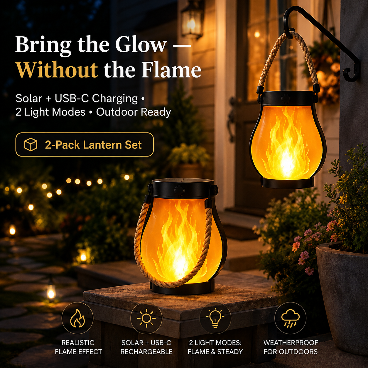 Two pack solar flickering flame lanterns on porch with hanging and tabletop placement