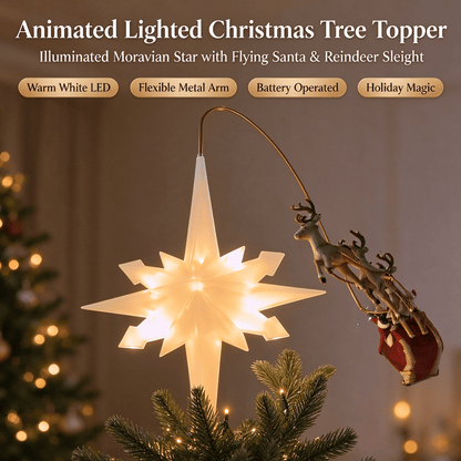 Lighted Christmas Tree Topper, Moravian LED Star with Bendable Metal Arm Santa Reindeer Sleigh Flying Ornament, Christmas Tree Top Holiday Decoration