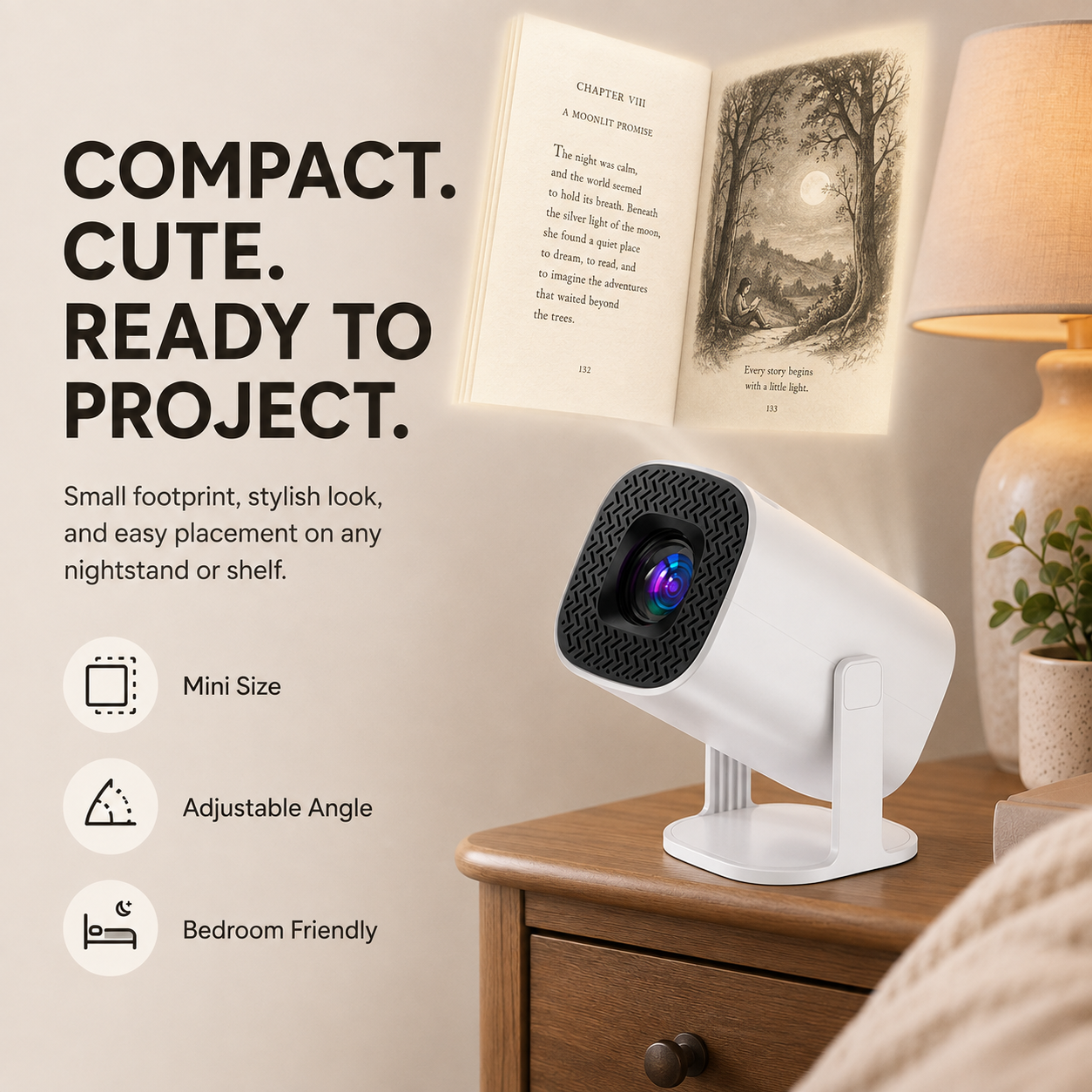 Compact white mini projector with adjustable angle tabletop stand