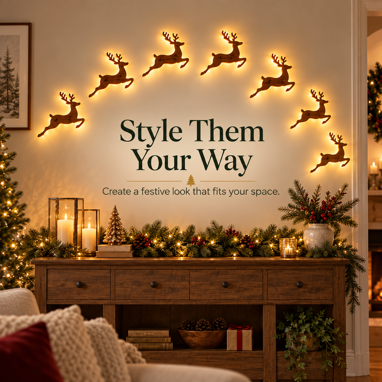 🦌 7-Piece Glowing Reindeer Wall Decor – Warm Christmas Flying Reindeer Light Set