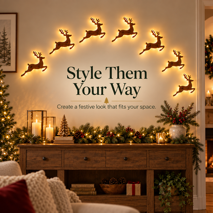 🦌 7-Piece Glowing Reindeer Wall Decor – Warm Christmas Flying Reindeer Light Set