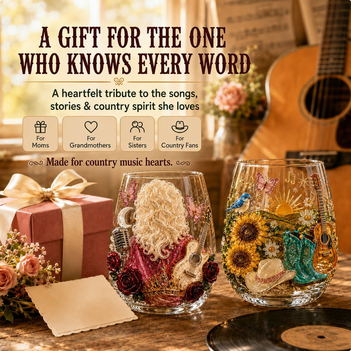 🤠 Queen of Country 1946–2026 3D Glass Collection | 8 Inspired Country Designs with Raised Guitars, Butterflies, Boots, Florals & Vintage Music Details 🎸✨