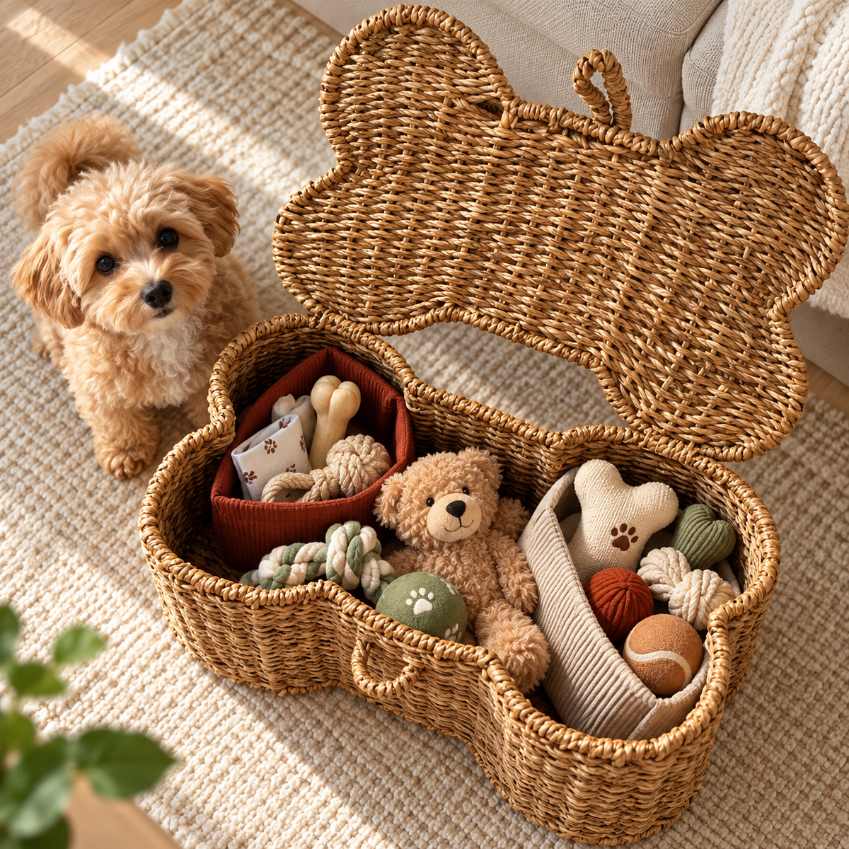 Top view of open bone shaped dog toy basket filled with toys