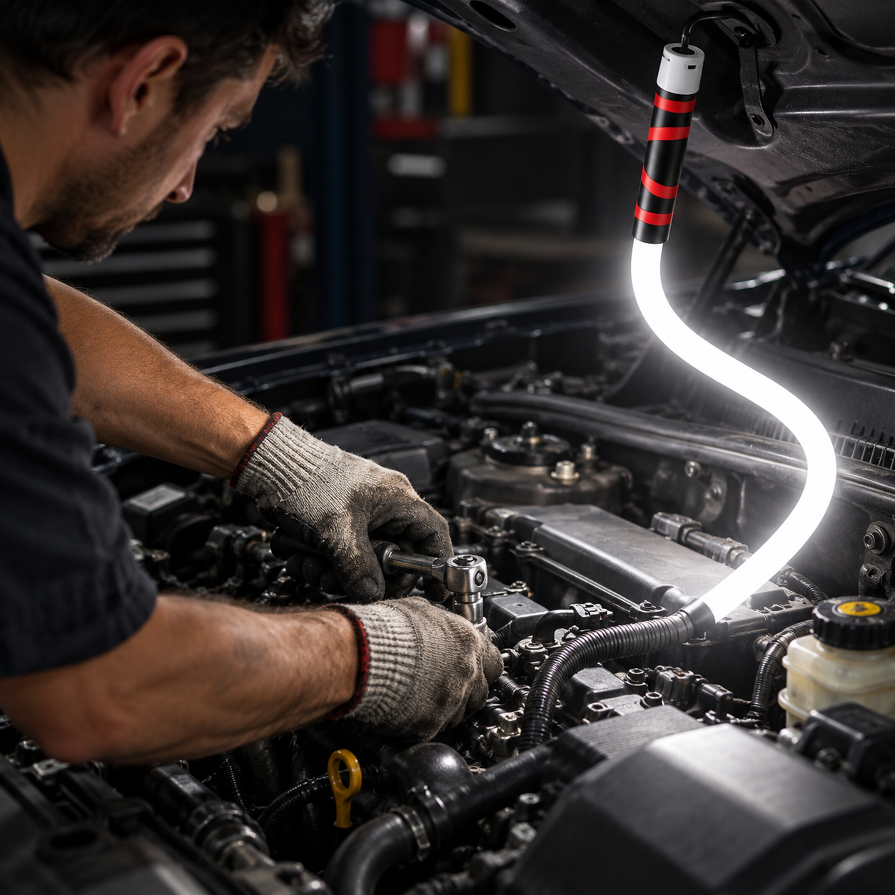 Flexible LED work light illuminating an engine bay while mechanic works hands free