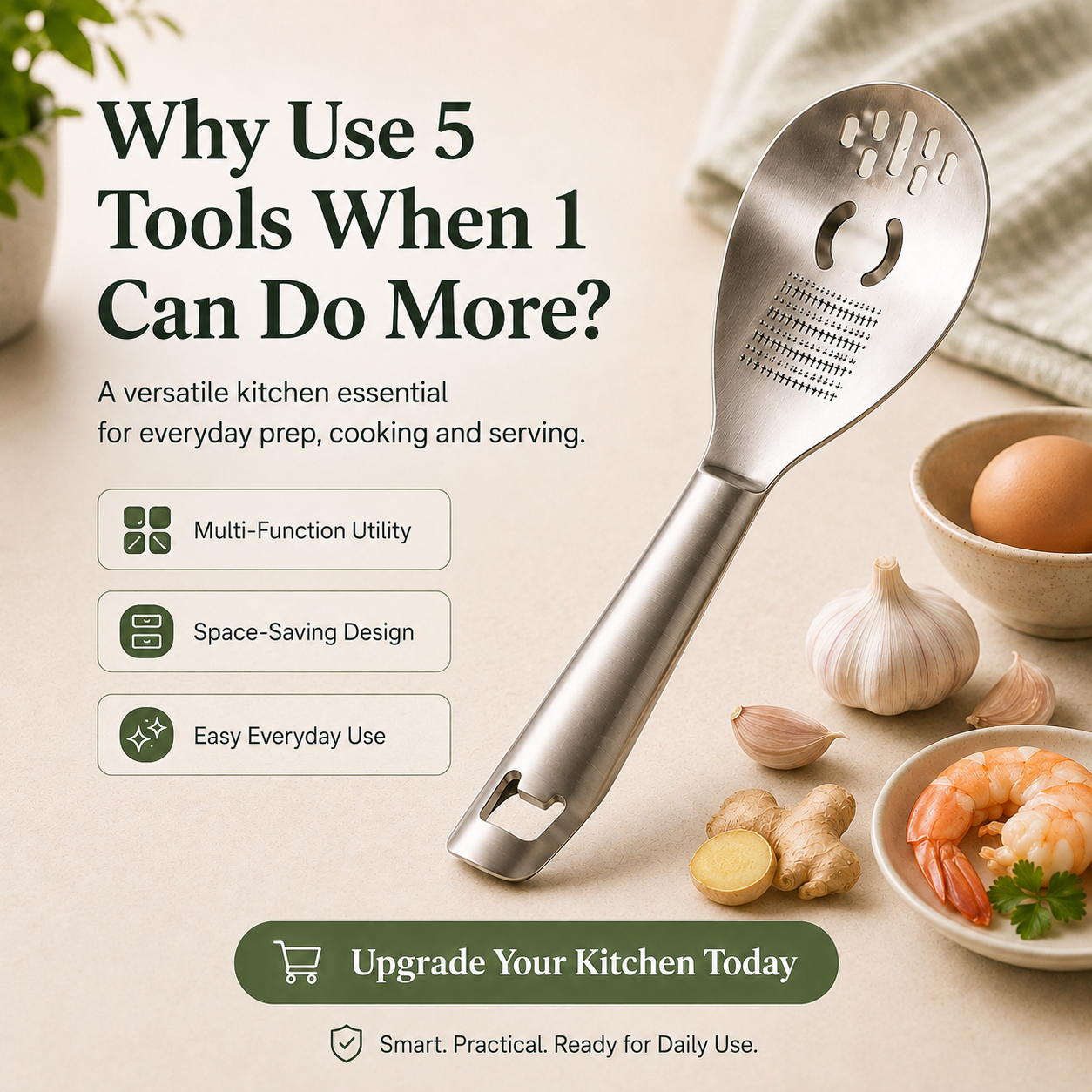 🥄 All-in-One Stainless Steel Kitchen Spoon | Grate, Strain, Mash & More