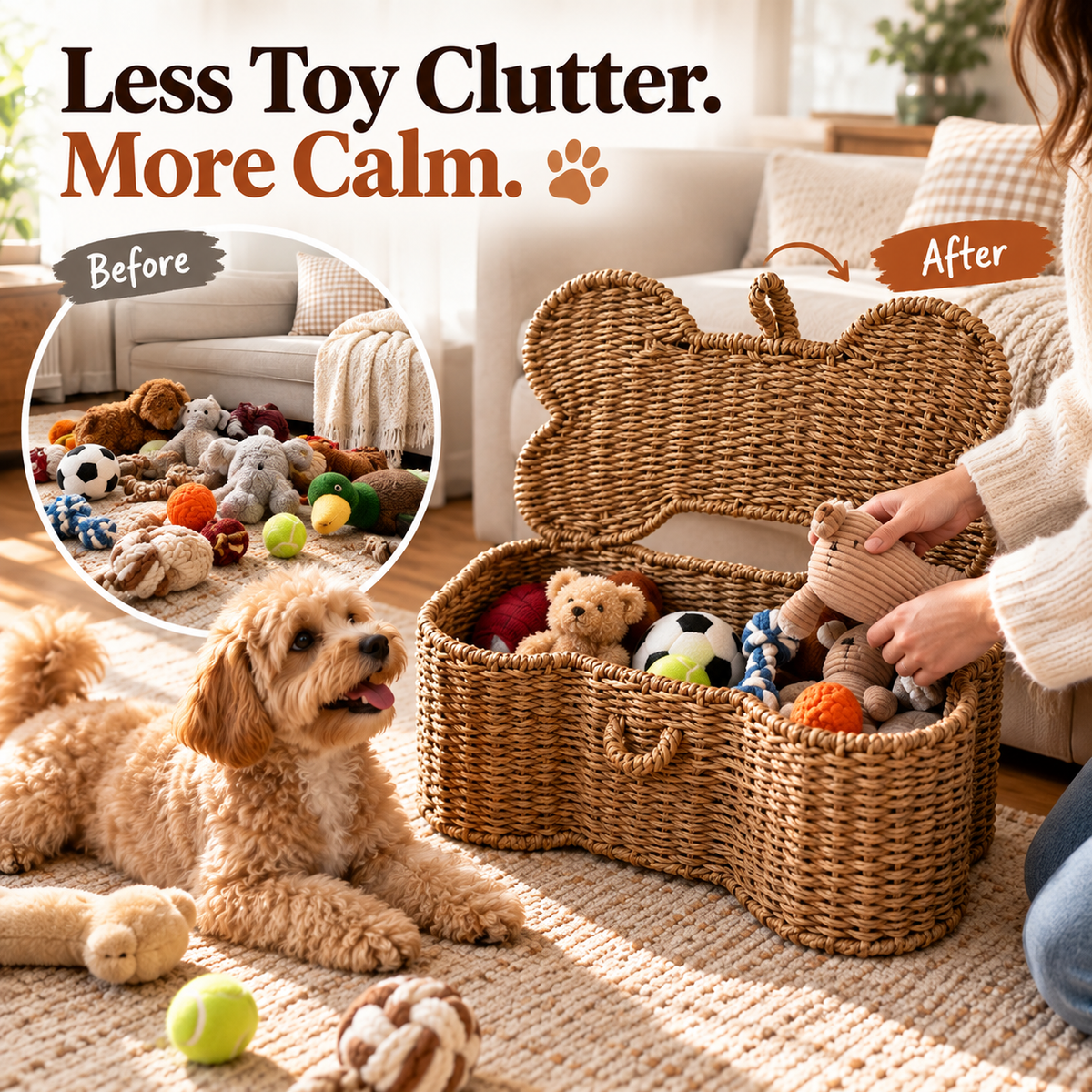 Before and after dog toy organization with woven bone shaped storage basket