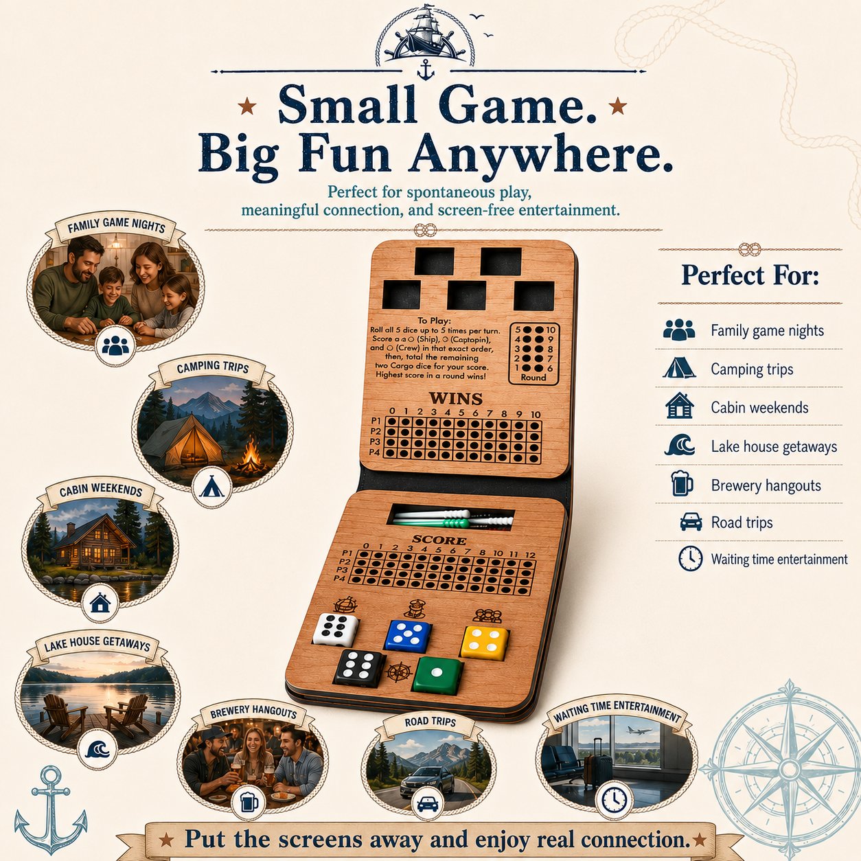 ⚓ Ship, Captain, Crew – A Classic Wooden Dice Game For Family & Travel Fun