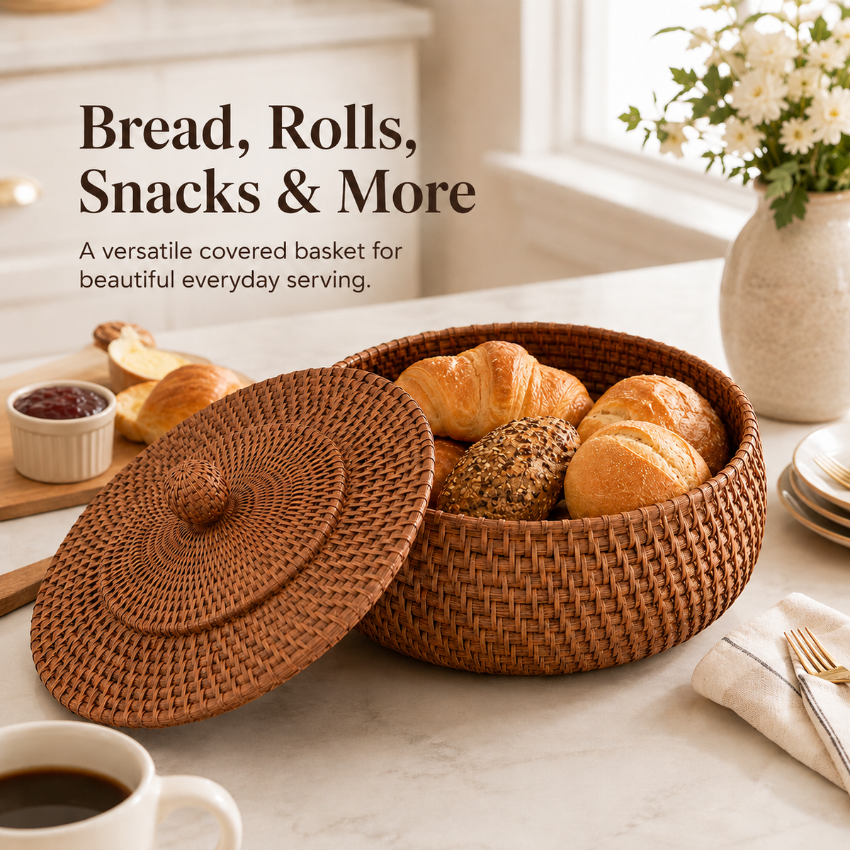 🧺 Woven Tortilla Basket With Lid – Covered Bread & Table Serving Basket