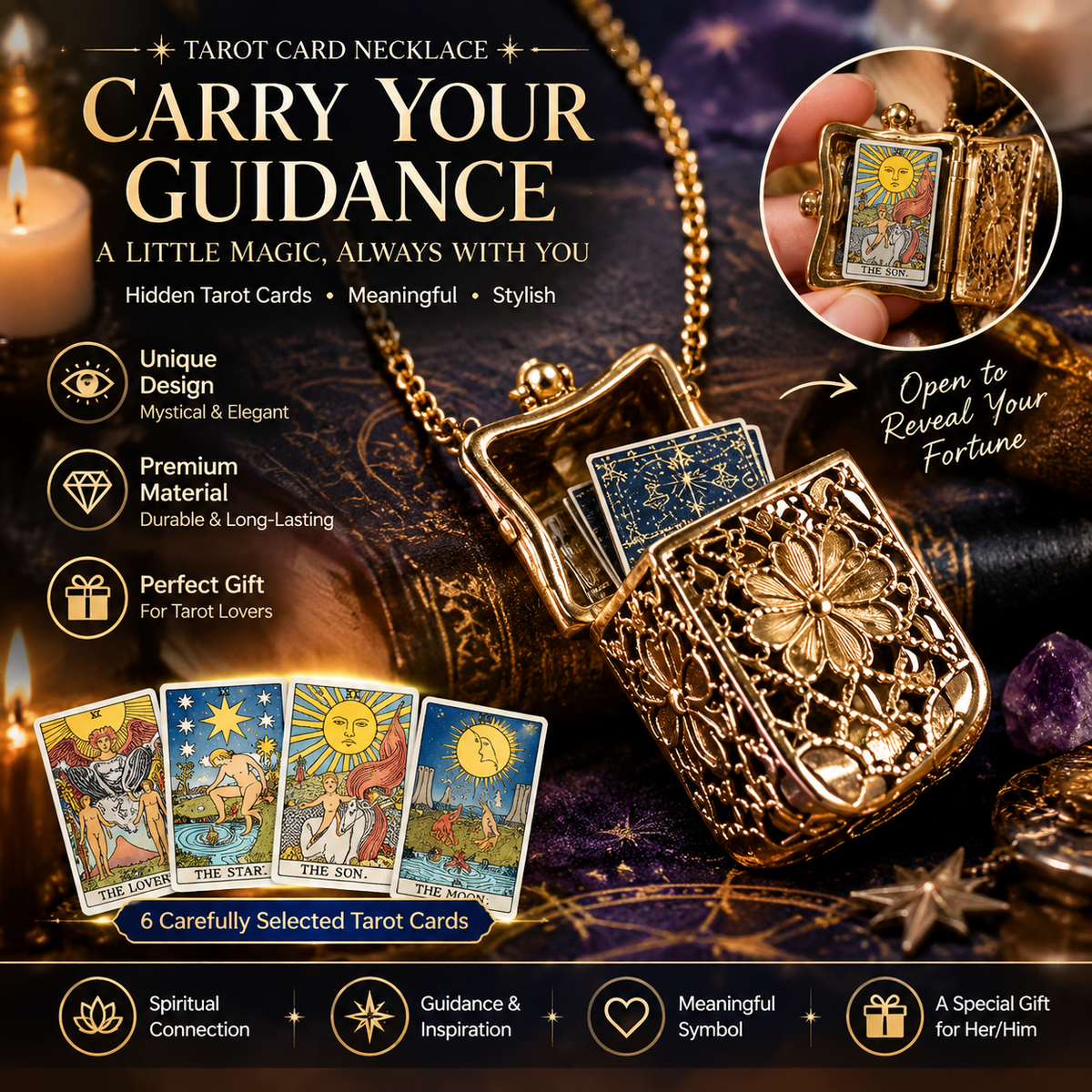 ✨ Secret Tarot Locket Necklace – Vintage Pendant with Mini Tarot Cards