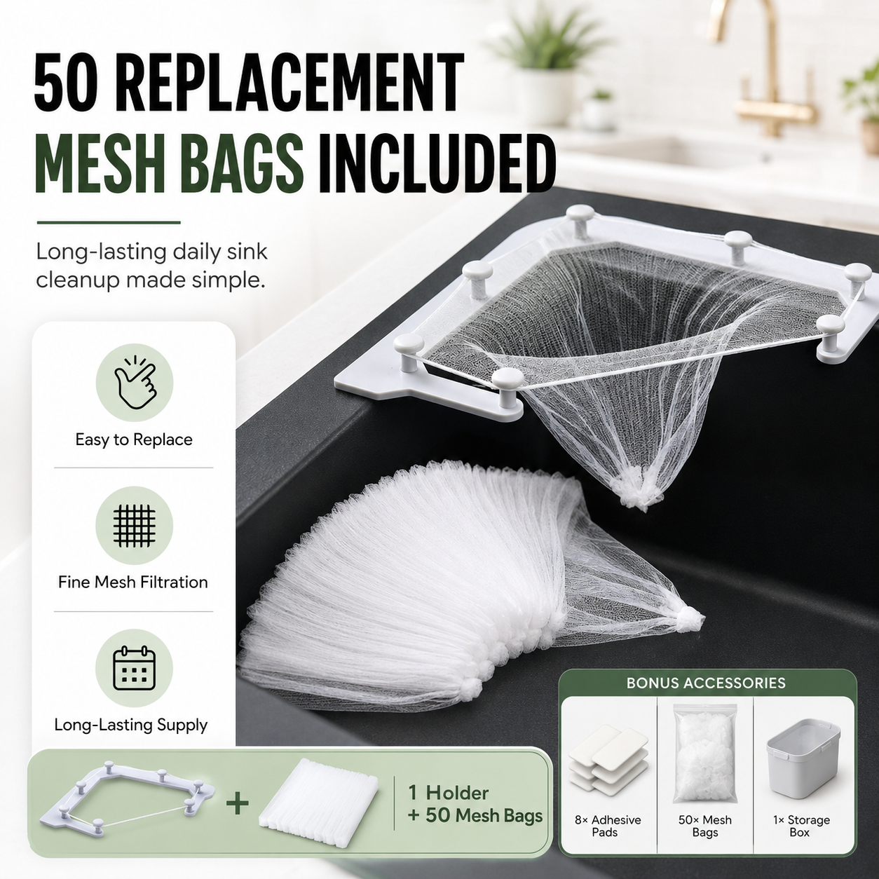 🗑️ Smart Sink Strainer Holder Kit With 50 Mesh Bags – Keep Food Scraps Away From Your Drain
