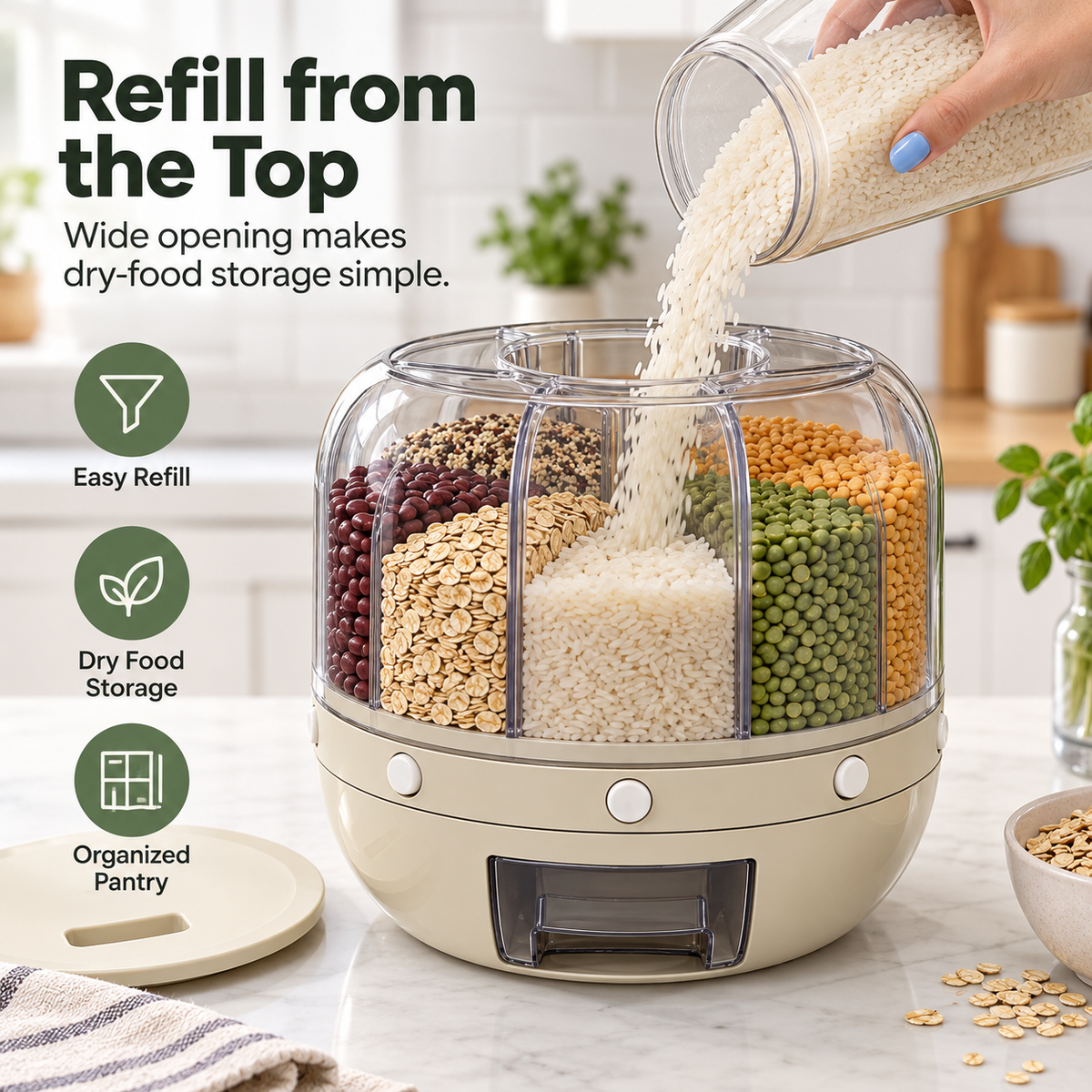 🌾 6-Compartment Rotating Dry Food Dispenser – Pantry Organizer for Rice, Beans, Grains & Treats