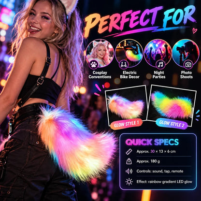 🎭 Light Up Plush Costume Tail | 3 Control Modes, Universal Clip-On for Conventions & Parties