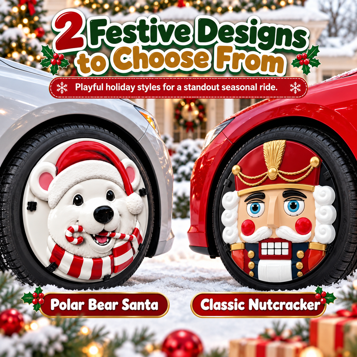 Polar Bear Santa and Classic Nutcracker Christmas wheel cover options