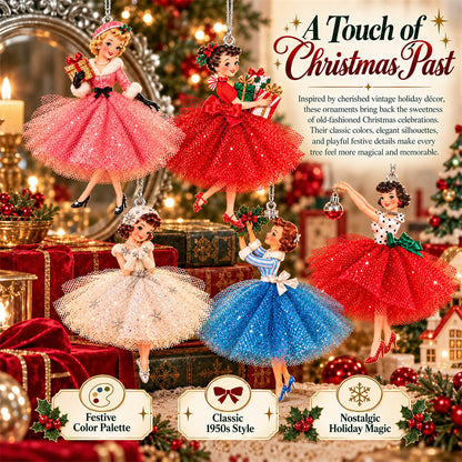 🎀 5 Vintage Christmas Lady Ornaments – Retro Faces, Tulle Skirts & Holiday Charm