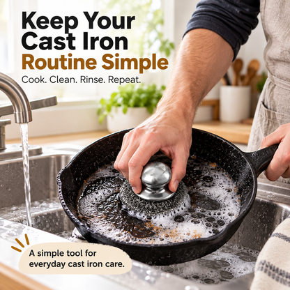 🍳 Heavy-Duty Stainless Steel Cast Iron Cleaner with Comfort Grip Knob